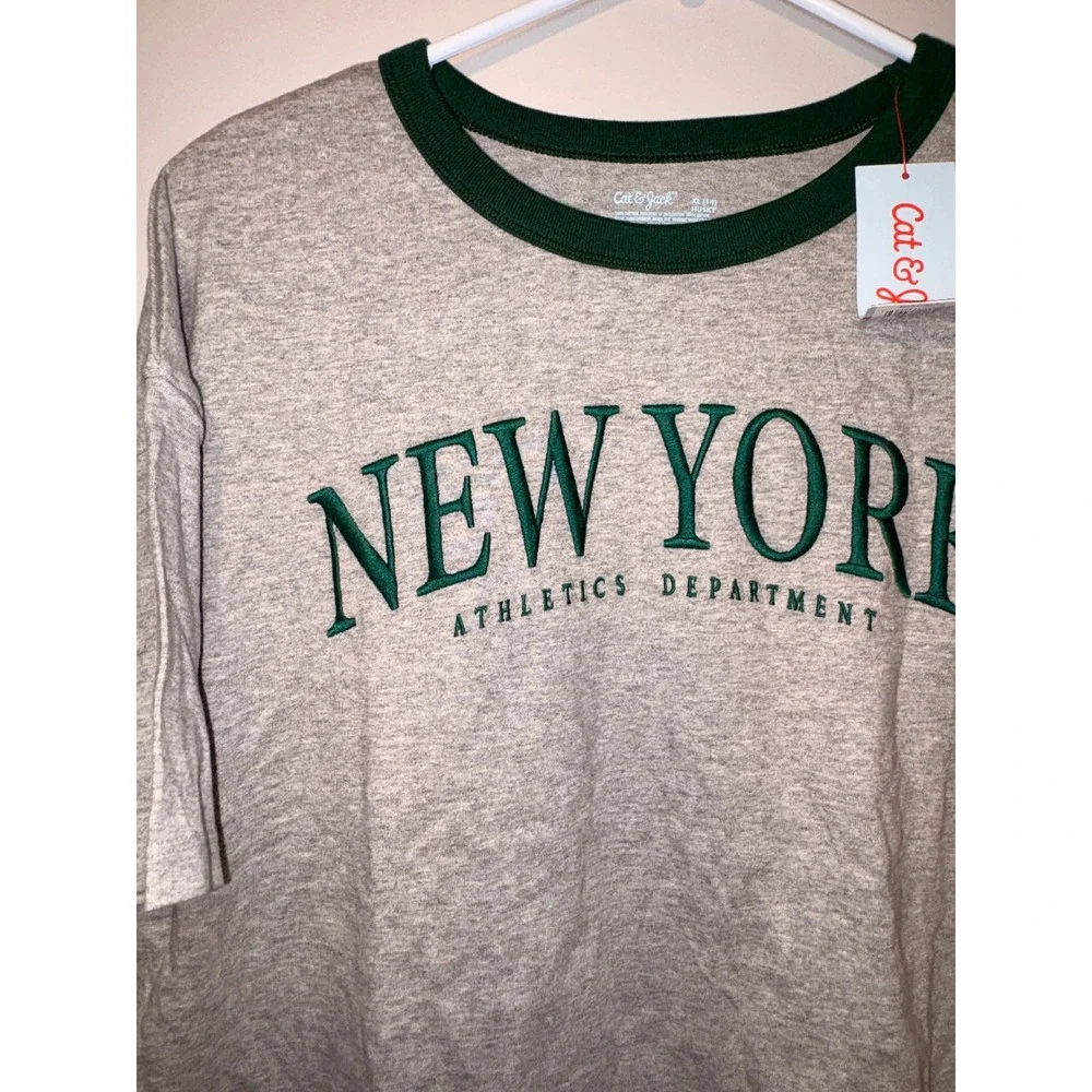 Cat &‎ Jack Boys New York Athletics Ringer Tee Gray Green XL 14 Husky NWT